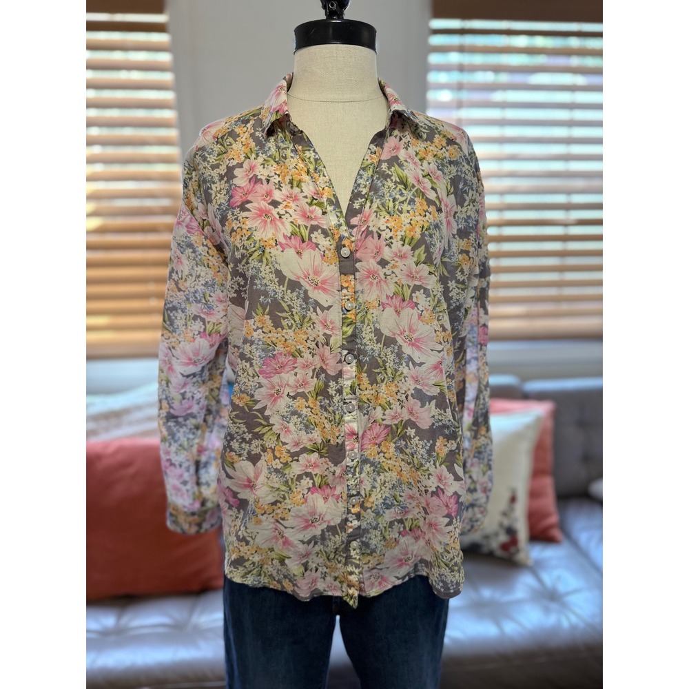 J. Jill Floral Cotton Silk Blend Button Down Shirt Petite Medium Grey Pink